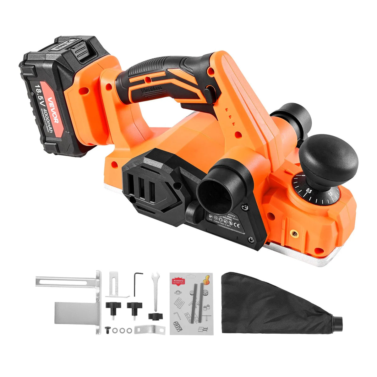 VEVOR Cordless Hand Planer, 82 mm Planing Width, 15,000 RPM Electric Hand Wood Planer with 4 Ah 18 V Lithium Battery, Brushless Motor, Adjustable Planing Depth, Dust Collection Bag, Woodworking