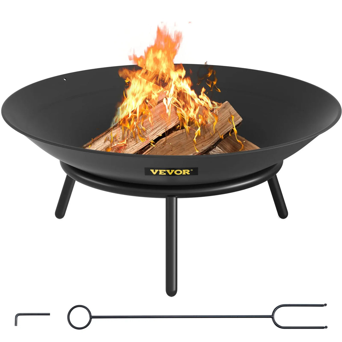 VEVOR Fire Pit Bowl 56 cm, Deep Round Carbon Steel Fire Pit Bowl for Wood, Outdoor Terraces, Patios and Camping, with Drainage Hole and Fire Pit Poker, Black