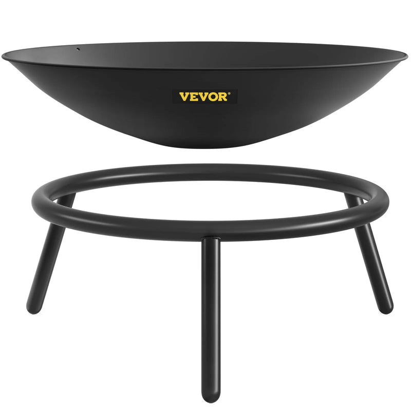 VEVOR ugunskura bļoda 56 cm, dziļa apaļa oglekļa tērauda ugunskura bļoda malkai, āra terasēm, pagalmiem un kempingiem, ar drenāžas atveri un ugunskura koka kociņu, melna