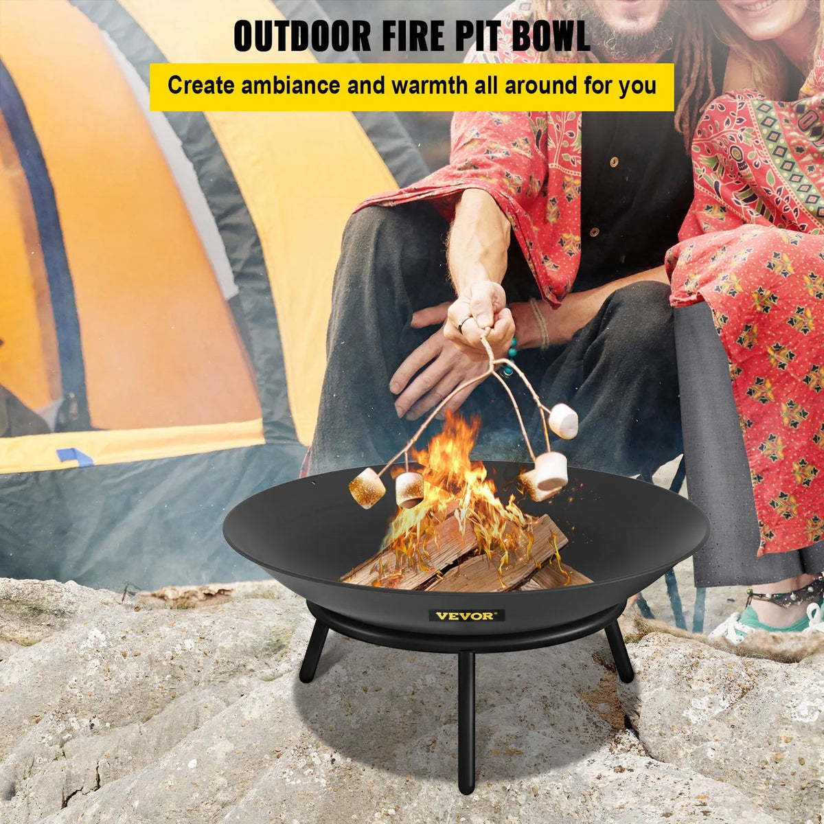 VEVOR Fire Pit Bowl 56 cm, Deep Round Carbon Steel Fire Pit Bowl for Wood, Outdoor Terraces, Patios and Camping, with Drainage Hole and Fire Pit Poker, Black