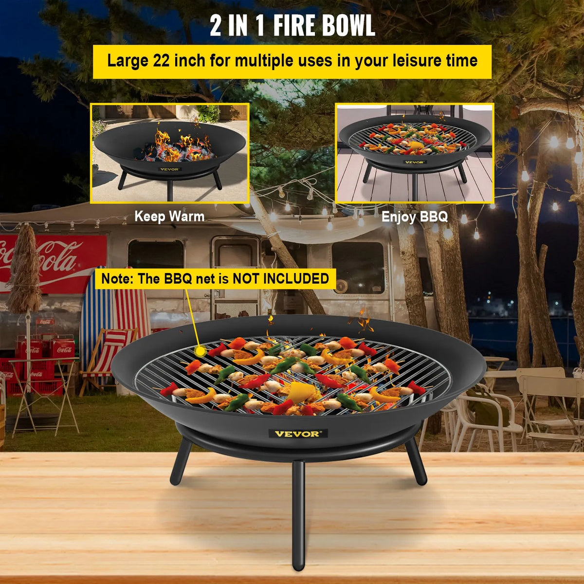 VEVOR Fire Pit Bowl 56 cm, Deep Round Carbon Steel Fire Pit Bowl for Wood, Outdoor Terraces, Patios and Camping, with Drainage Hole and Fire Pit Poker, Black
