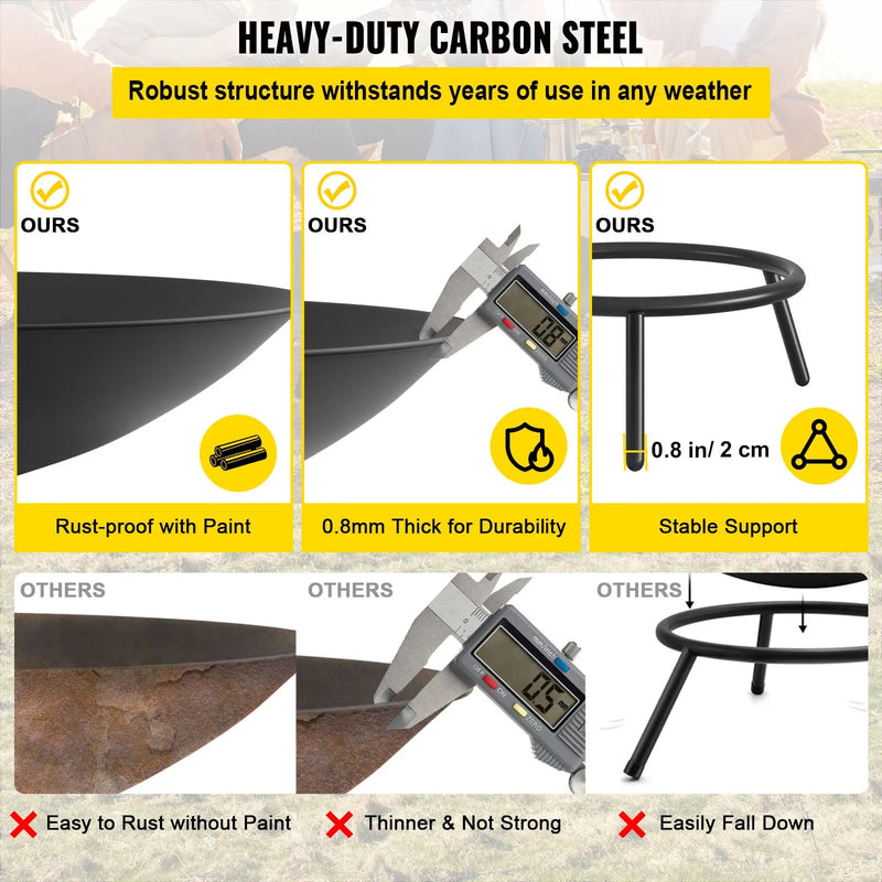 VEVOR ugunskura bļoda 56 cm, dziļa apaļa oglekļa tērauda ugunskura bļoda malkai, āra terasēm, pagalmiem un kempingiem, ar drenāžas atveri un ugunskura koka kociņu, melna