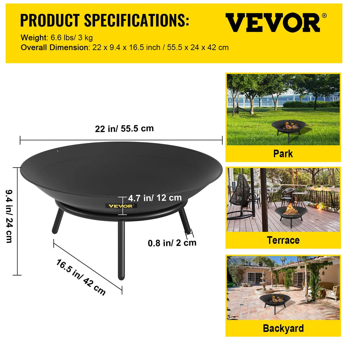 VEVOR Fire Pit Bowl 56 cm, Deep Round Carbon Steel Fire Pit Bowl for Wood, Outdoor Terraces, Patios and Camping, with Drainage Hole and Fire Pit Poker, Black
