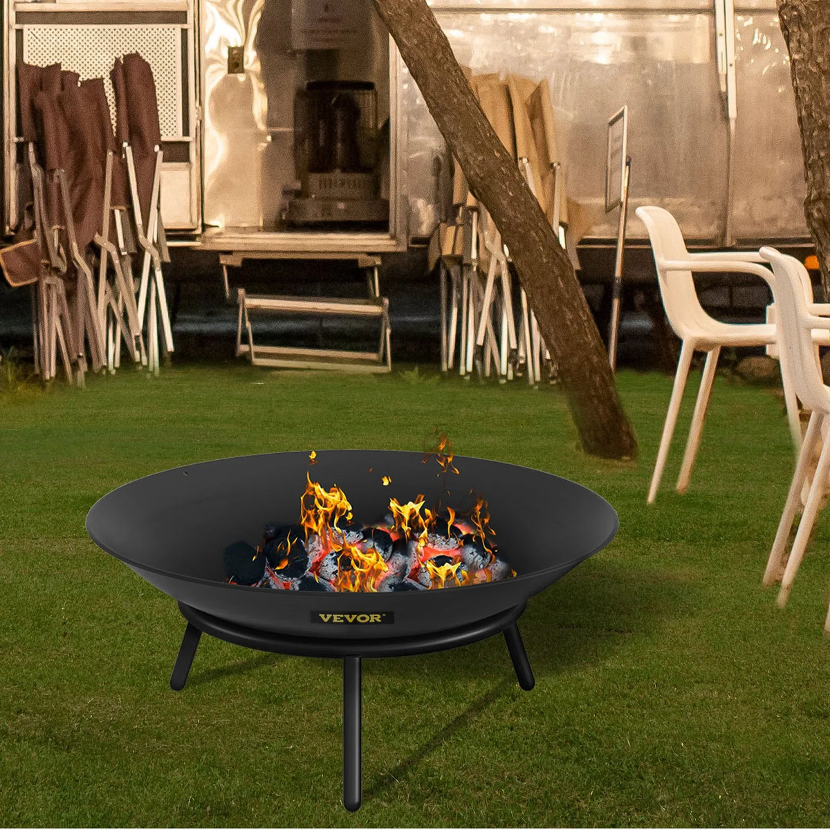 VEVOR Fire Pit Bowl 56 cm, Deep Round Carbon Steel Fire Pit Bowl for Wood, Outdoor Terraces, Patios and Camping, with Drainage Hole and Fire Pit Poker, Black