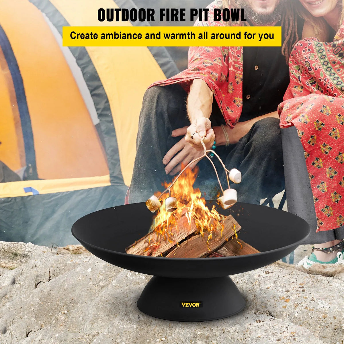 VEVOR Fire Pit Bowl 76 cm, Deep Round Cast Iron Fire Pit Bowl for Wood, Outdoor Terraces, Patios and Camping, with Stable Base and Fire Pit Poker, Black