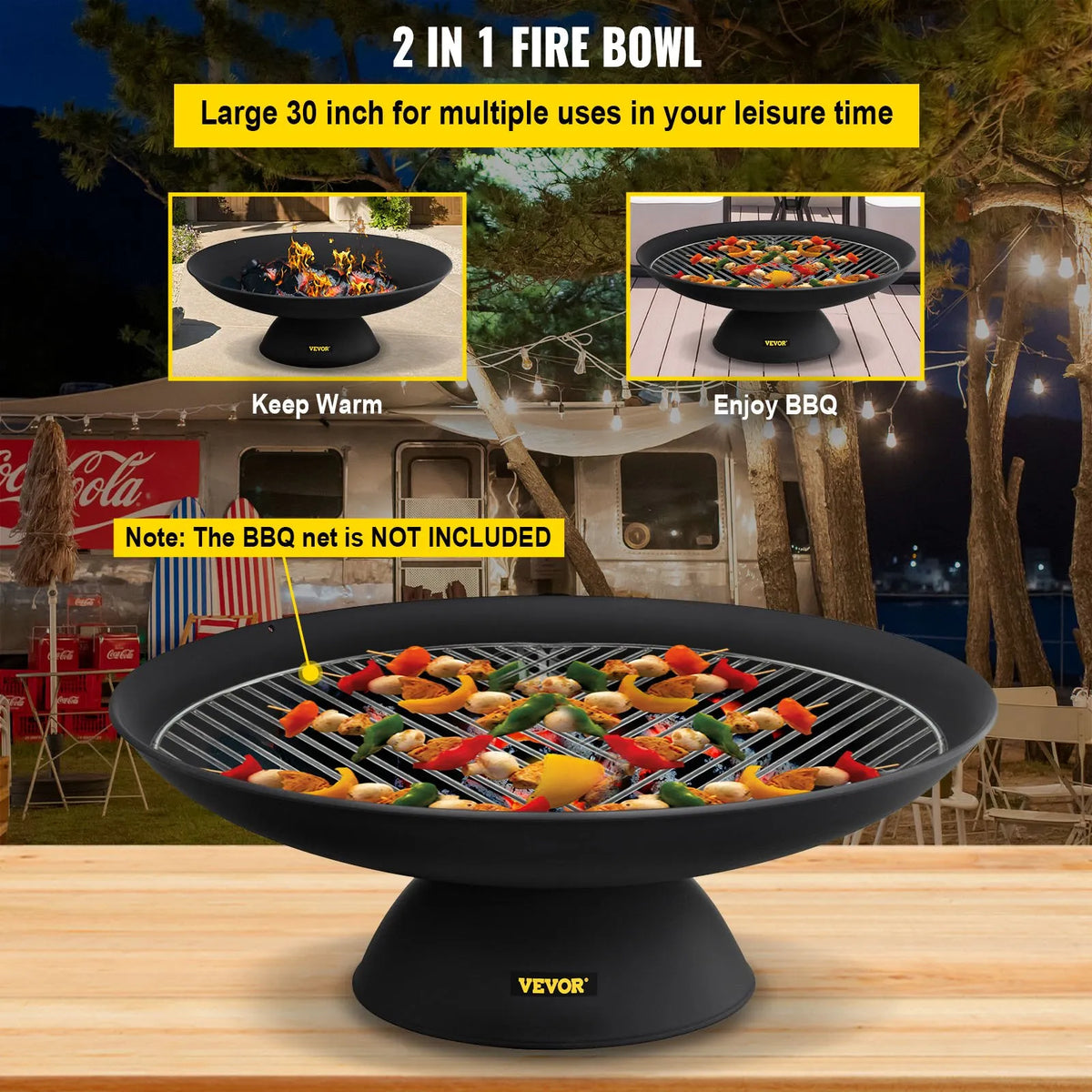 VEVOR Fire Pit Bowl 76 cm, Deep Round Cast Iron Fire Pit Bowl for Wood, Outdoor Terraces, Patios and Camping, with Stable Base and Fire Pit Poker, Black