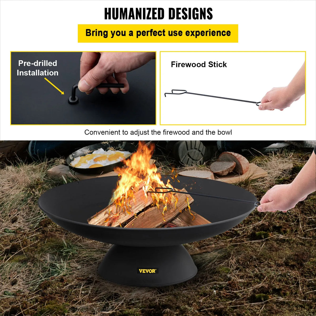 VEVOR Fire Pit Bowl 76 cm, Deep Round Cast Iron Fire Pit Bowl for Wood, Outdoor Terraces, Patios and Camping, with Stable Base and Fire Pit Poker, Black
