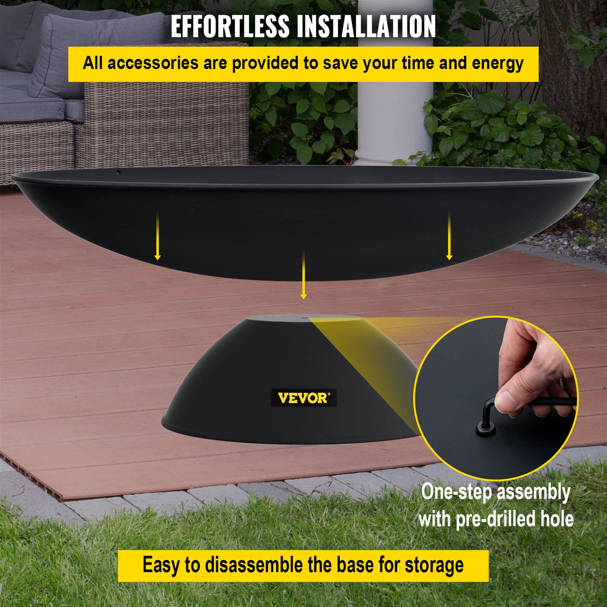 VEVOR Fire Pit Bowl 76 cm, Deep Round Cast Iron Fire Pit Bowl for Wood, Outdoor Terraces, Patios and Camping, with Stable Base and Fire Pit Poker, Black