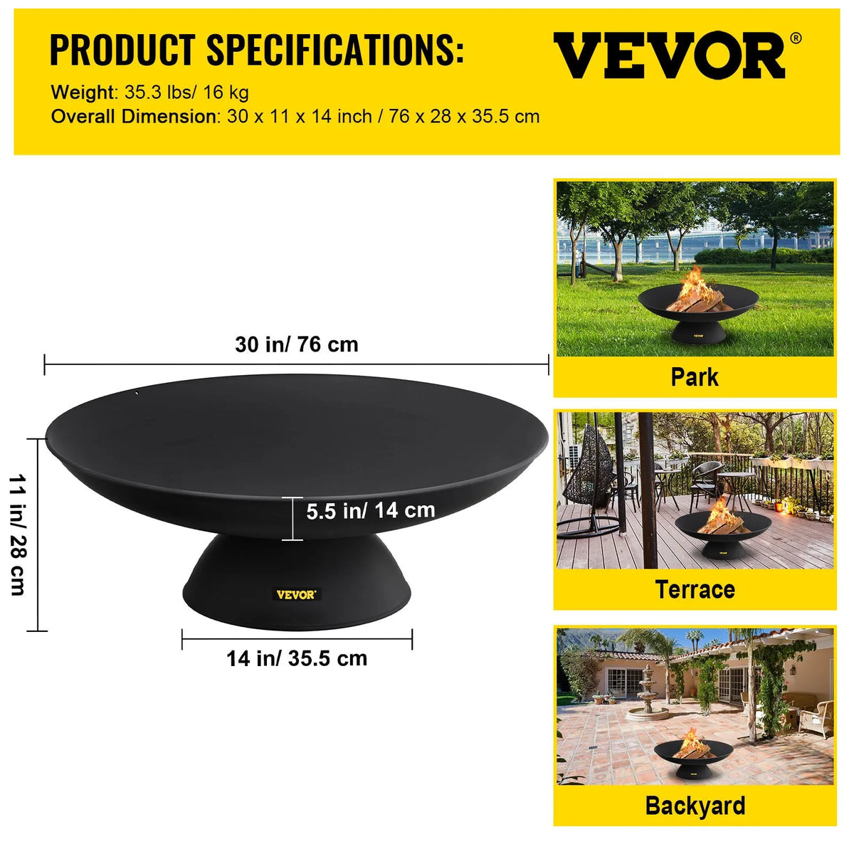 VEVOR Fire Pit Bowl 76 cm, Deep Round Cast Iron Fire Pit Bowl for Wood, Outdoor Terraces, Patios and Camping, with Stable Base and Fire Pit Poker, Black