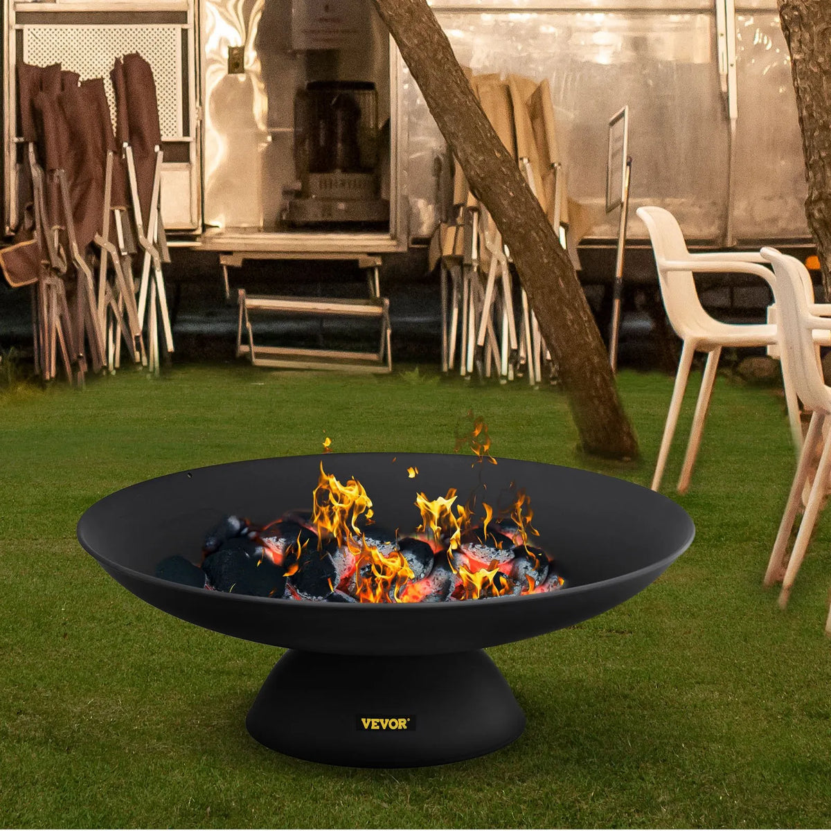 VEVOR Fire Pit Bowl 76 cm, Deep Round Cast Iron Fire Pit Bowl for Wood, Outdoor Terraces, Patios and Camping, with Stable Base and Fire Pit Poker, Black