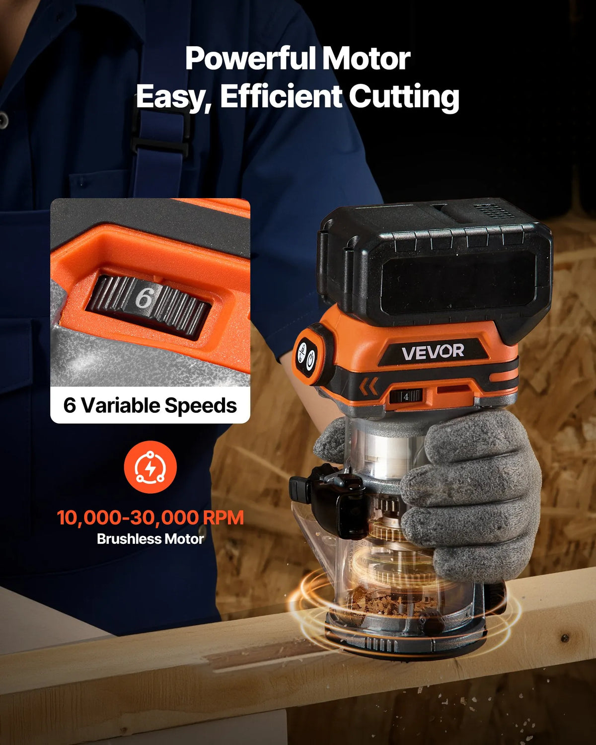 VEVOR Cordless Wood Router with Brushless Motor, Compact Variable Speed Edge Router with Fixed Base and Dust Cover for Woodworking, Compatible with Makita Batteries without Battery Included