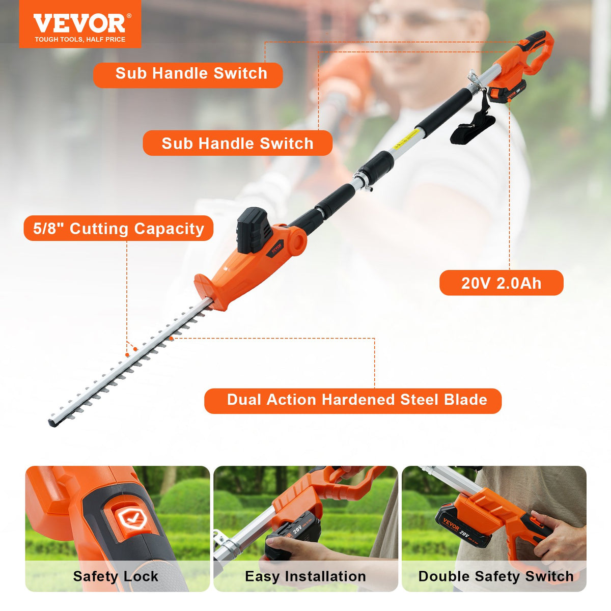 VEVOR Cordless Telescopic Hedge Trimmer with 20 V Battery and 460 mm Blade