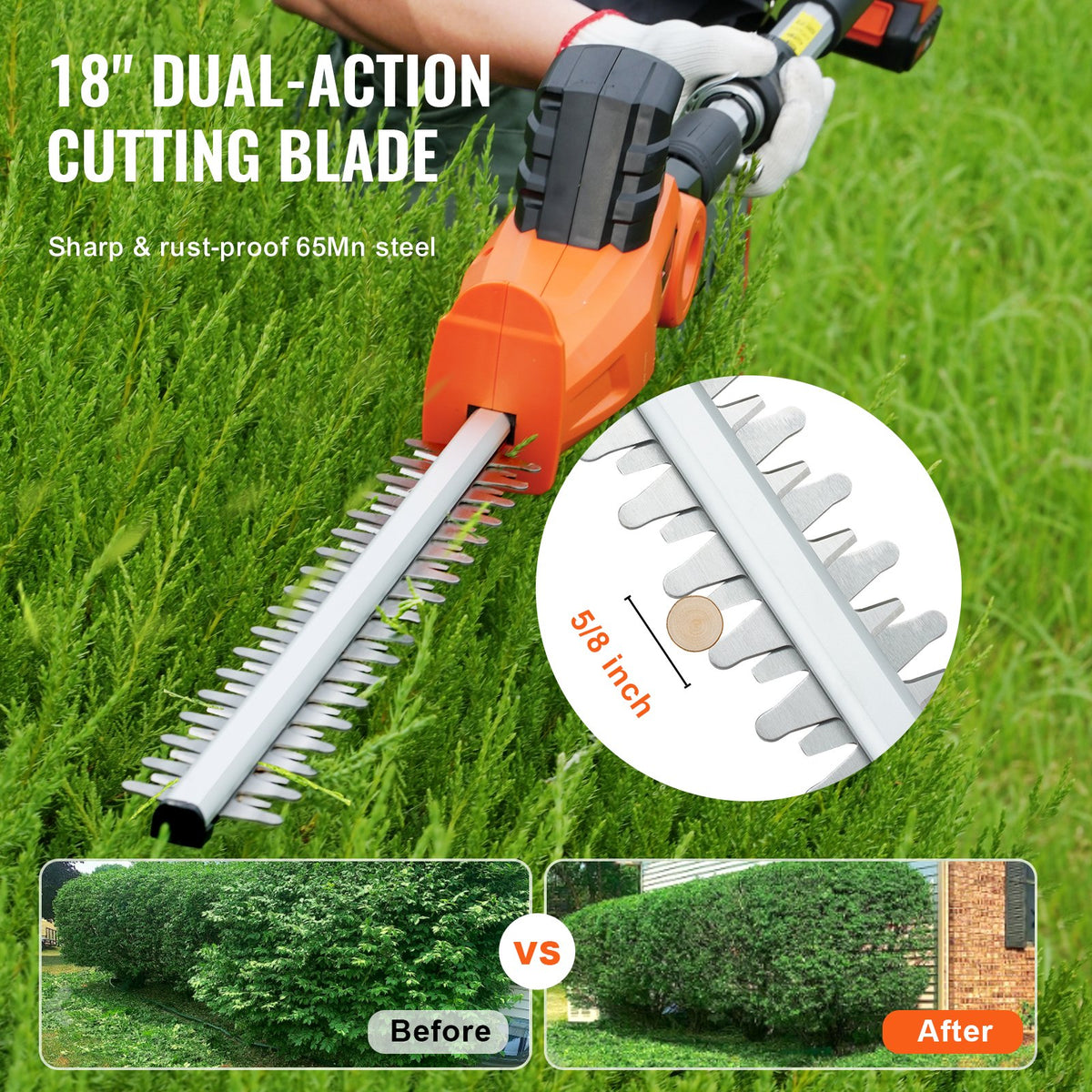 VEVOR Cordless Telescopic Hedge Trimmer with 20 V Battery and 460 mm Blade