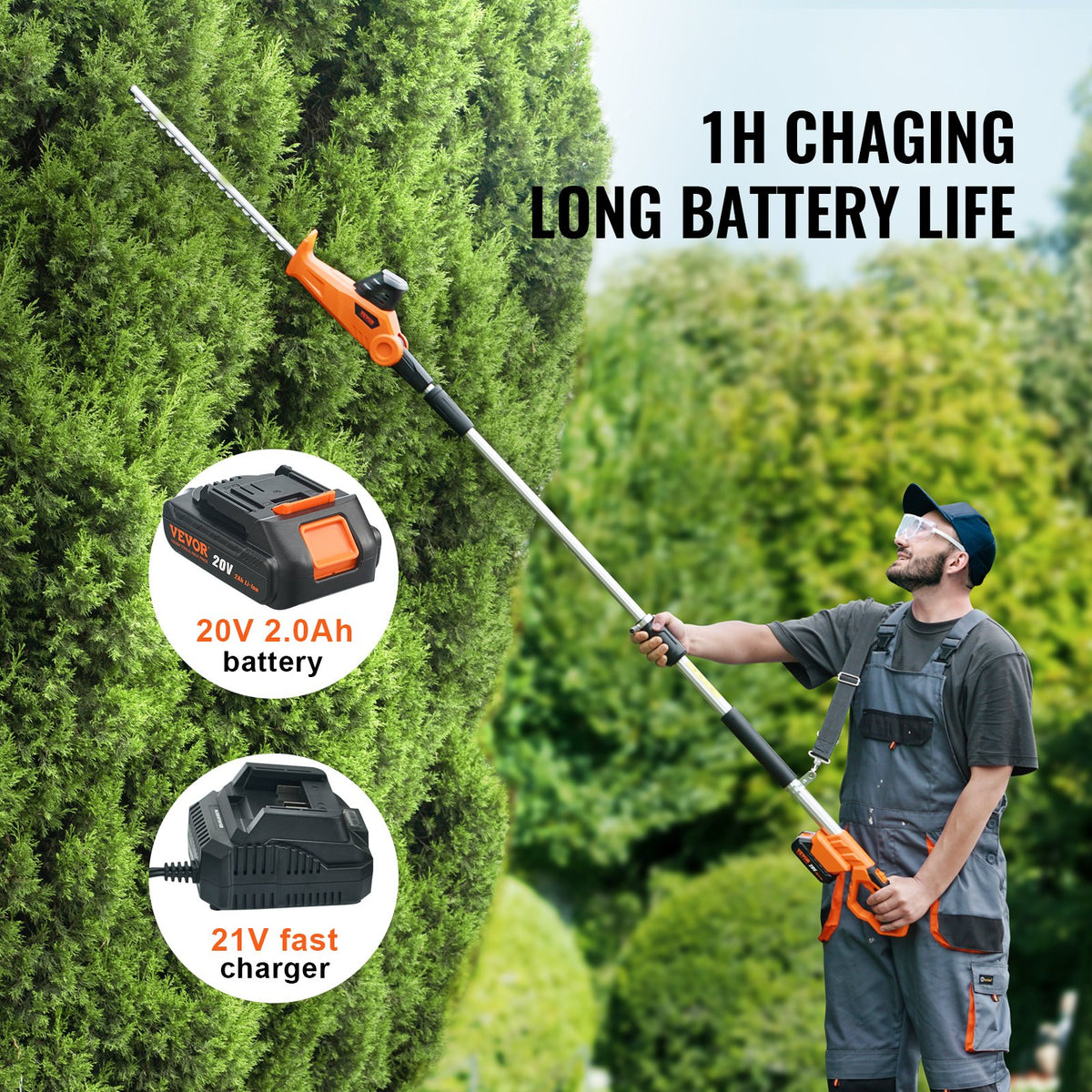 VEVOR Cordless Telescopic Hedge Trimmer with 20 V Battery and 460 mm Blade