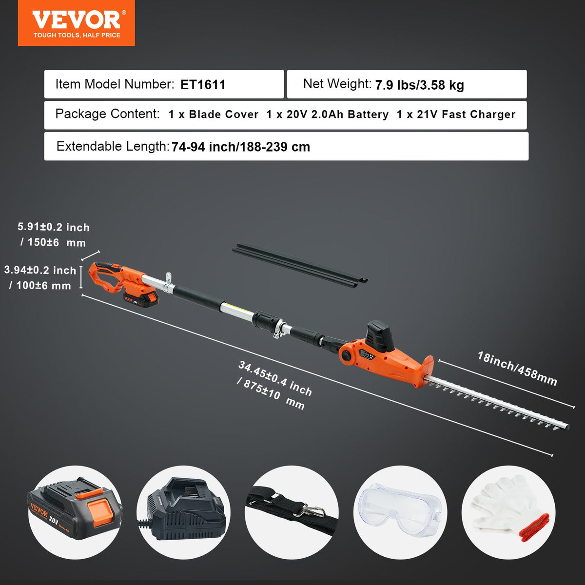 VEVOR Cordless Telescopic Hedge Trimmer with 20 V Battery and 460 mm Blade