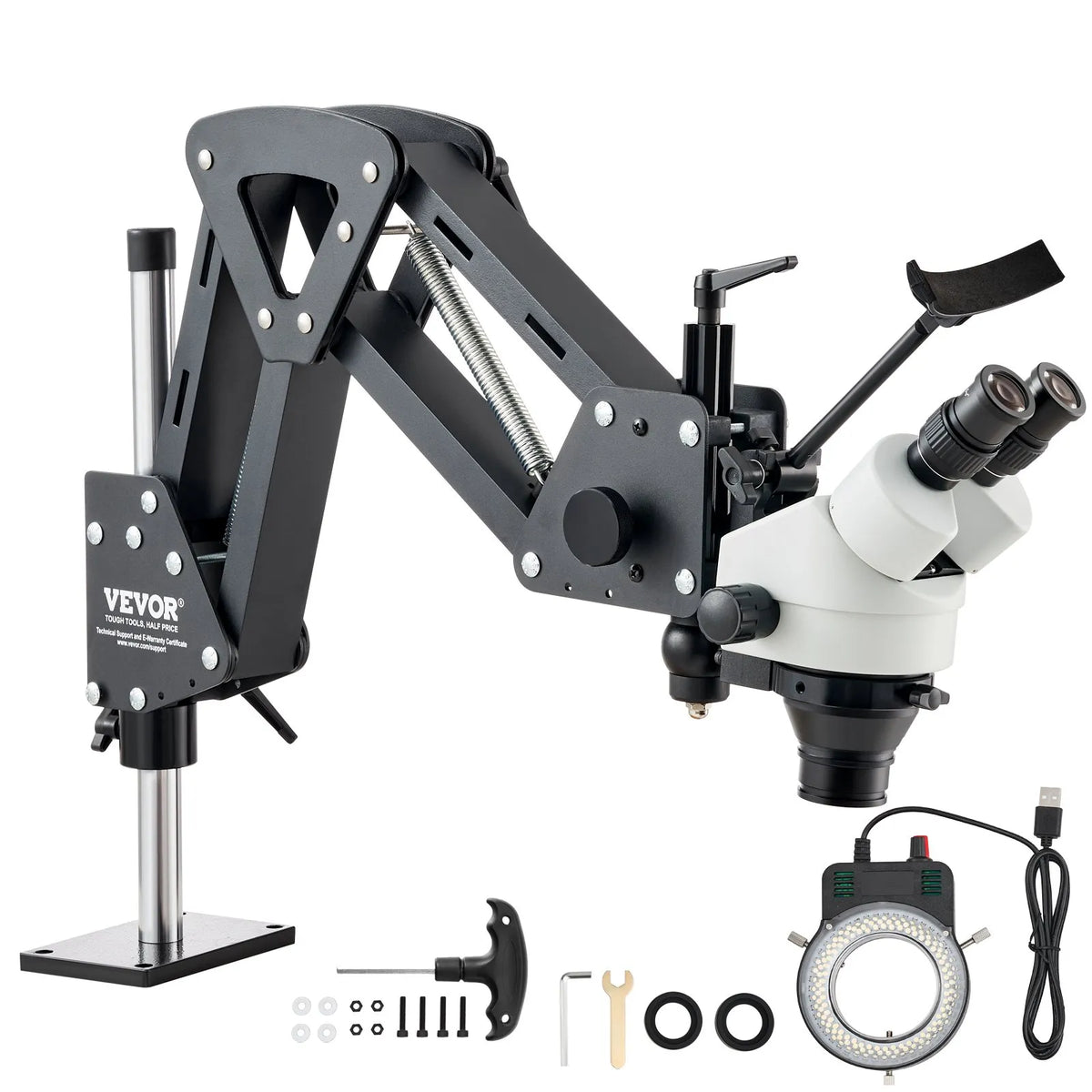 VEVOR Multi-directional Microscope with Spring Clamp, 7–45× Magnification, Jewellery Inlay Stand with Integrated USB Ring LED Illumination