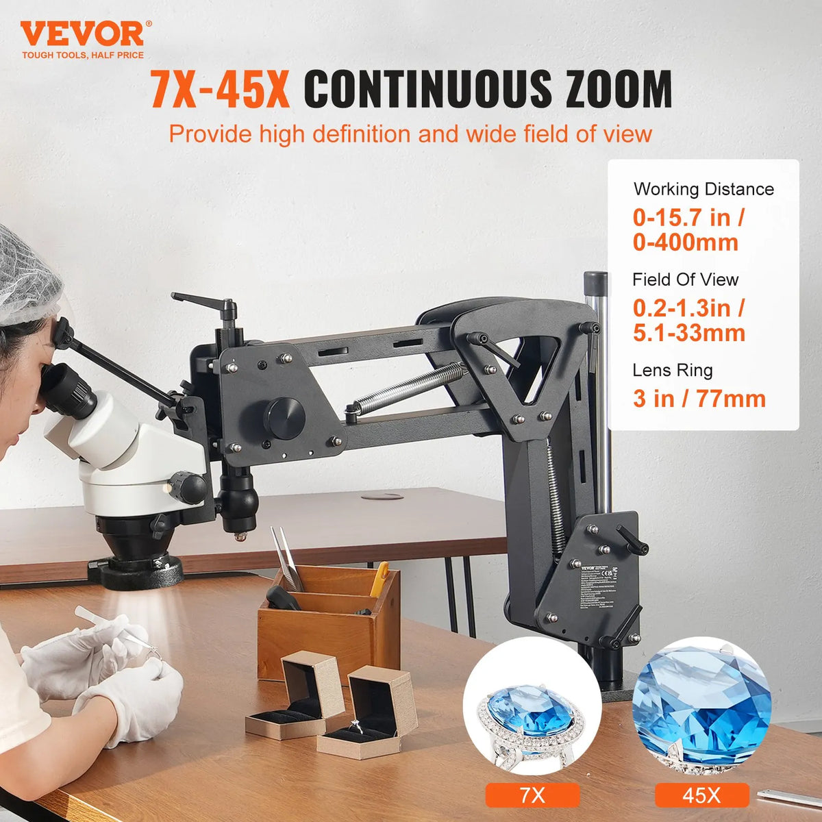 VEVOR Multi-directional Microscope with Spring Clamp, 7–45× Magnification, Jewellery Inlay Stand with Integrated USB Ring LED Illumination