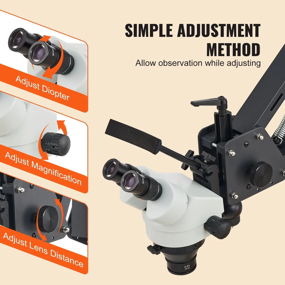 VEVOR Multi-directional Microscope with Spring Clamp, 7–45× Magnification, Jewellery Inlay Stand with Integrated USB Ring LED Illumination