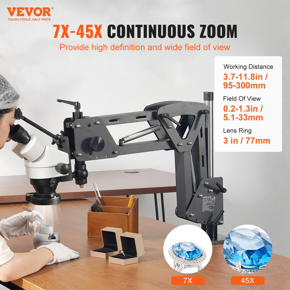 VEVOR Multi-directional Microscope with Spring Clamp and 360° Ball Head Stand, 7–45× Magnification, Jewellery Inlay Stand with Integrated USB Ring LED Illumination