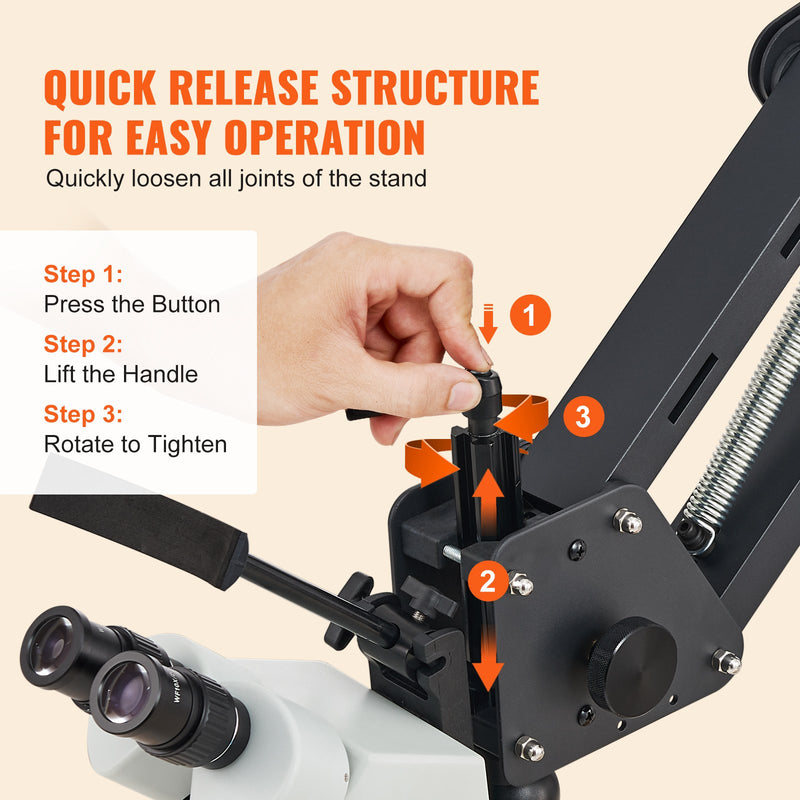 VEVOR Daudzvirzienu Mikroskopa Statīvs ar Lodveida Skrūvspīli un Gredzenveida Apgaismojumu (7X-45X)