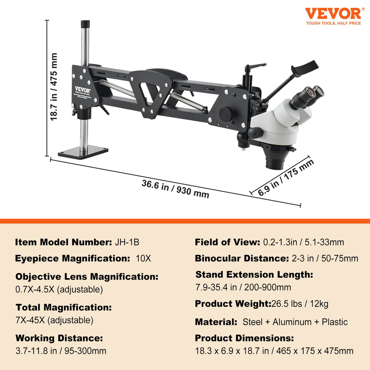 VEVOR Multi-directional Microscope with Spring Clamp and 360° Ball Head Stand, 7–45× Magnification, Jewellery Inlay Stand with Integrated USB Ring LED Illumination