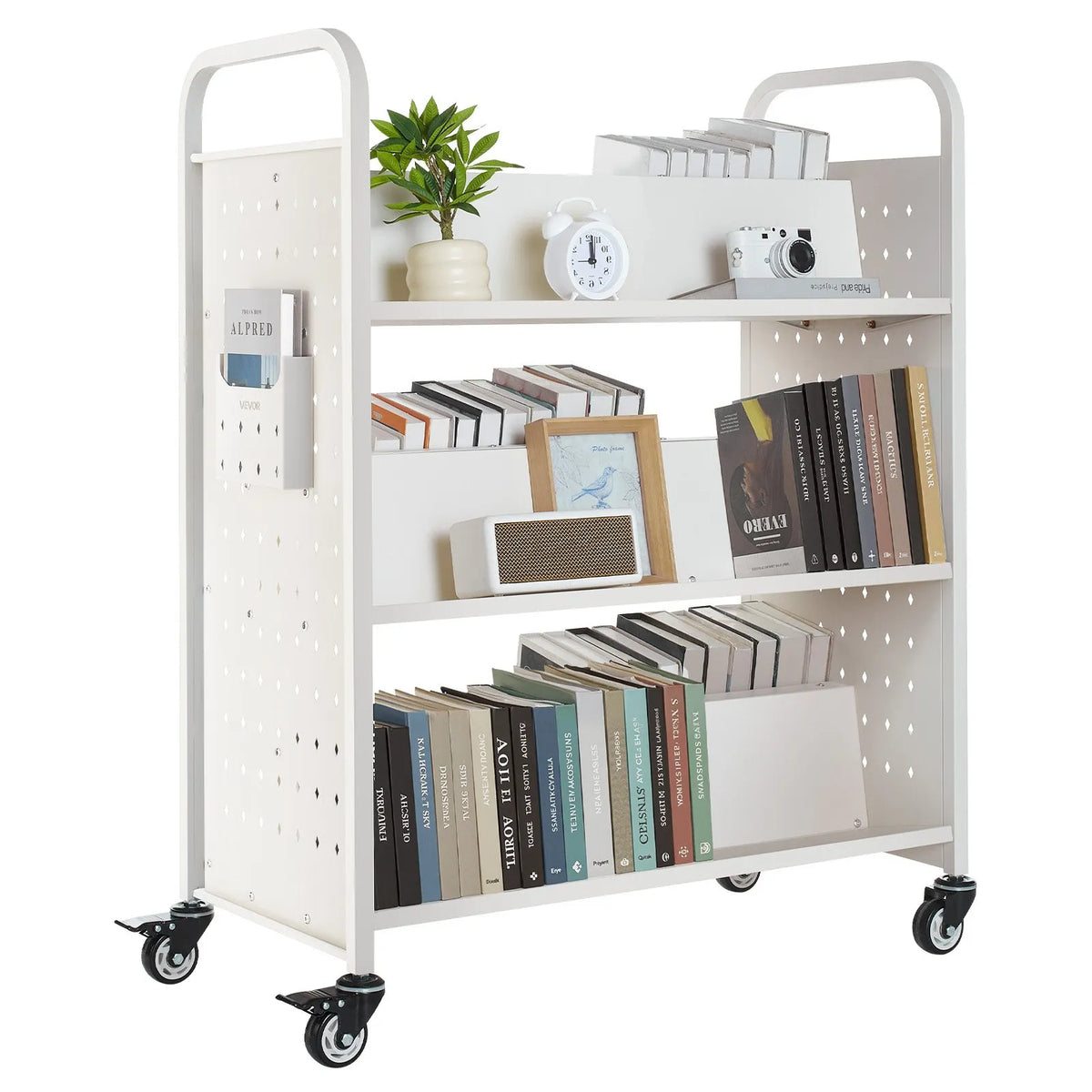 Mobile library book trolley, 150 kg load capacity, 97 × 51.5 × 122.5 cm, with double-sided W-shaped shelves and 76.2 mm locking wheels, book cart for home, office and school, white