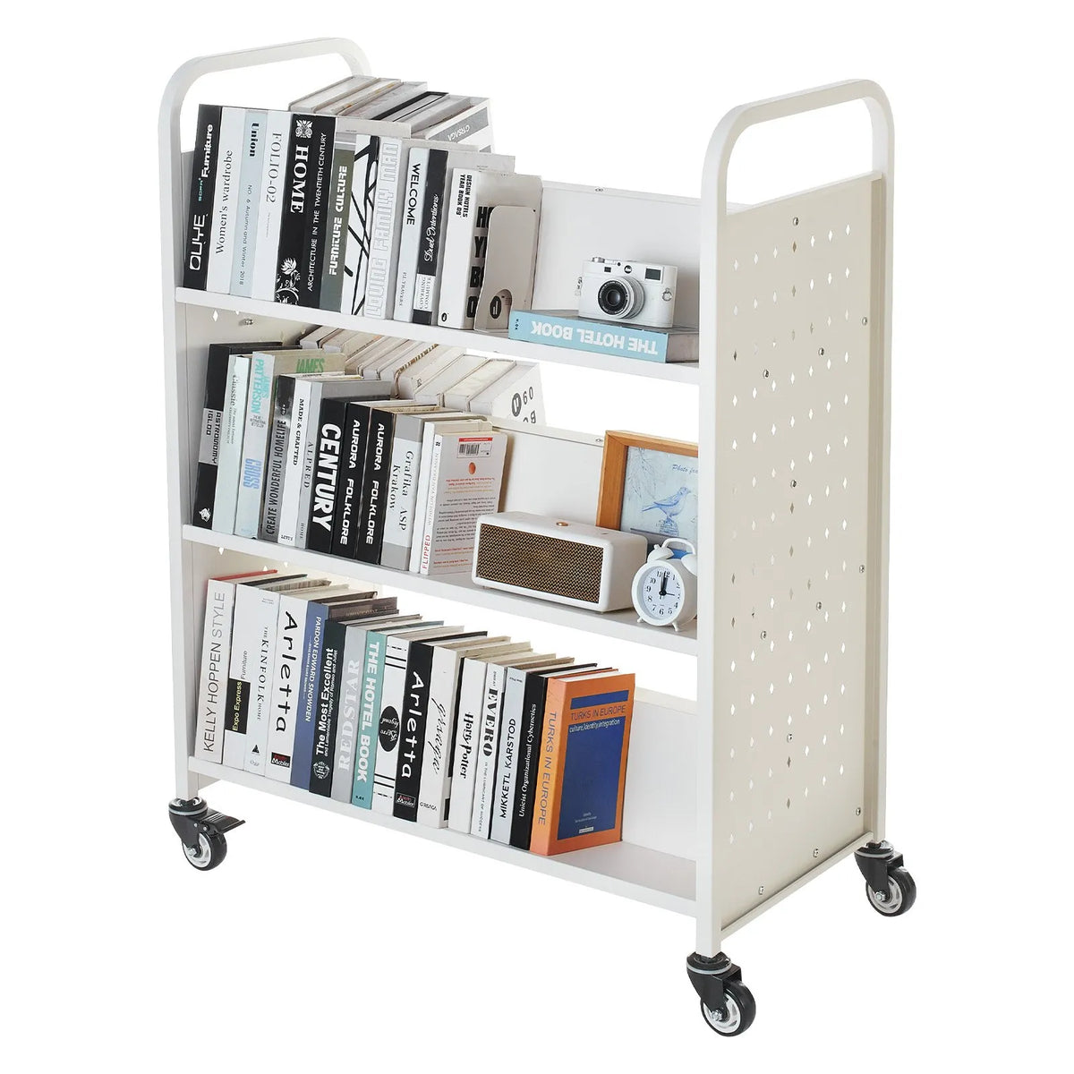 Mobile library book trolley, 150 kg load capacity, 97 × 51.5 × 122.5 cm, with double-sided W-shaped shelves and 76.2 mm locking wheels, book cart for home, office and school, white