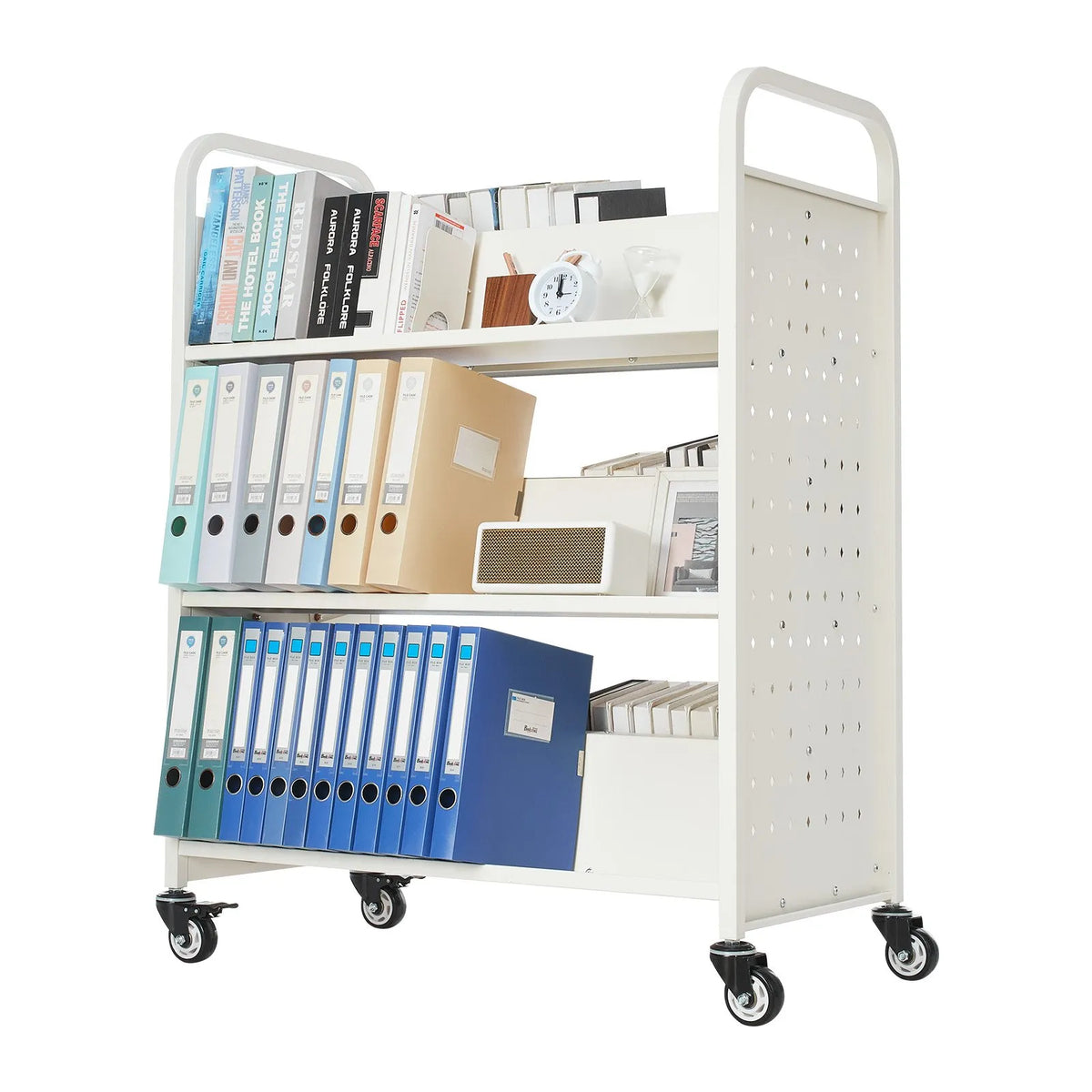 Mobile library book trolley, 150 kg load capacity, 97 × 51.5 × 122.5 cm, with double-sided W-shaped shelves and 76.2 mm locking wheels, book cart for home, office and school, white