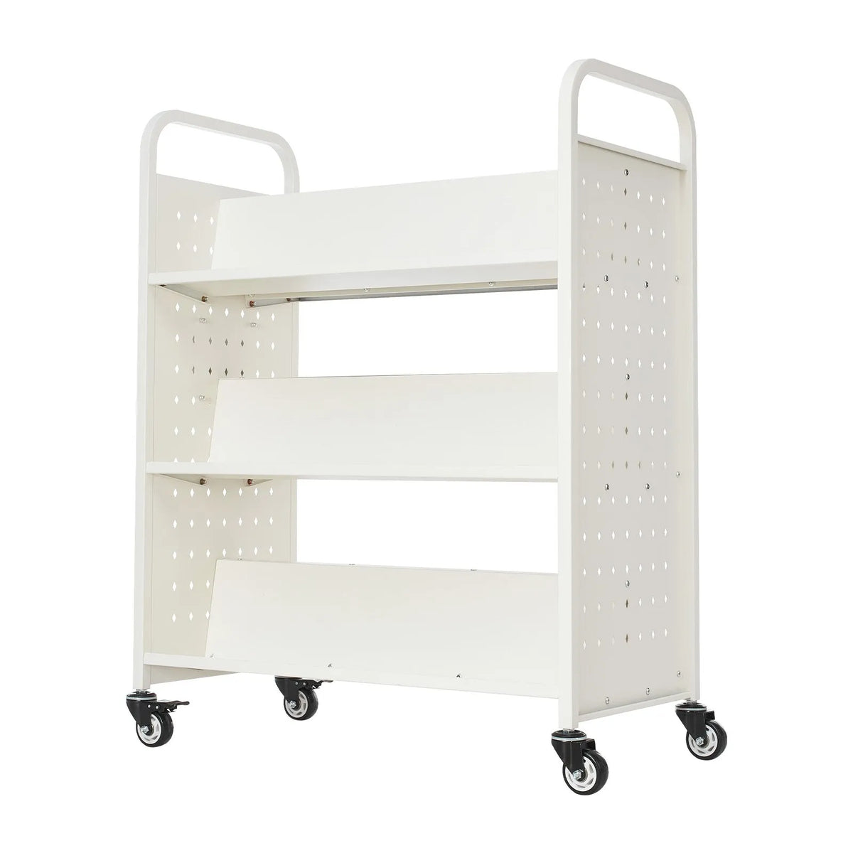 Mobile library book trolley, 150 kg load capacity, 97 × 51.5 × 122.5 cm, with double-sided W-shaped shelves and 76.2 mm locking wheels, book cart for home, office and school, white