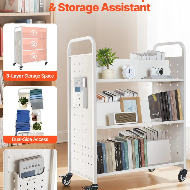 Ripojošs bibliotēkas grāmatu ratiņš, 150 kg kravnesība, 97 × 51,5 × 122,5 cm, ar divpusējiem W veida plauktiem un 76,2 mm fiksējamiem riteņiem, grāmatu ratiņš mājai, birojam un skolai, balts