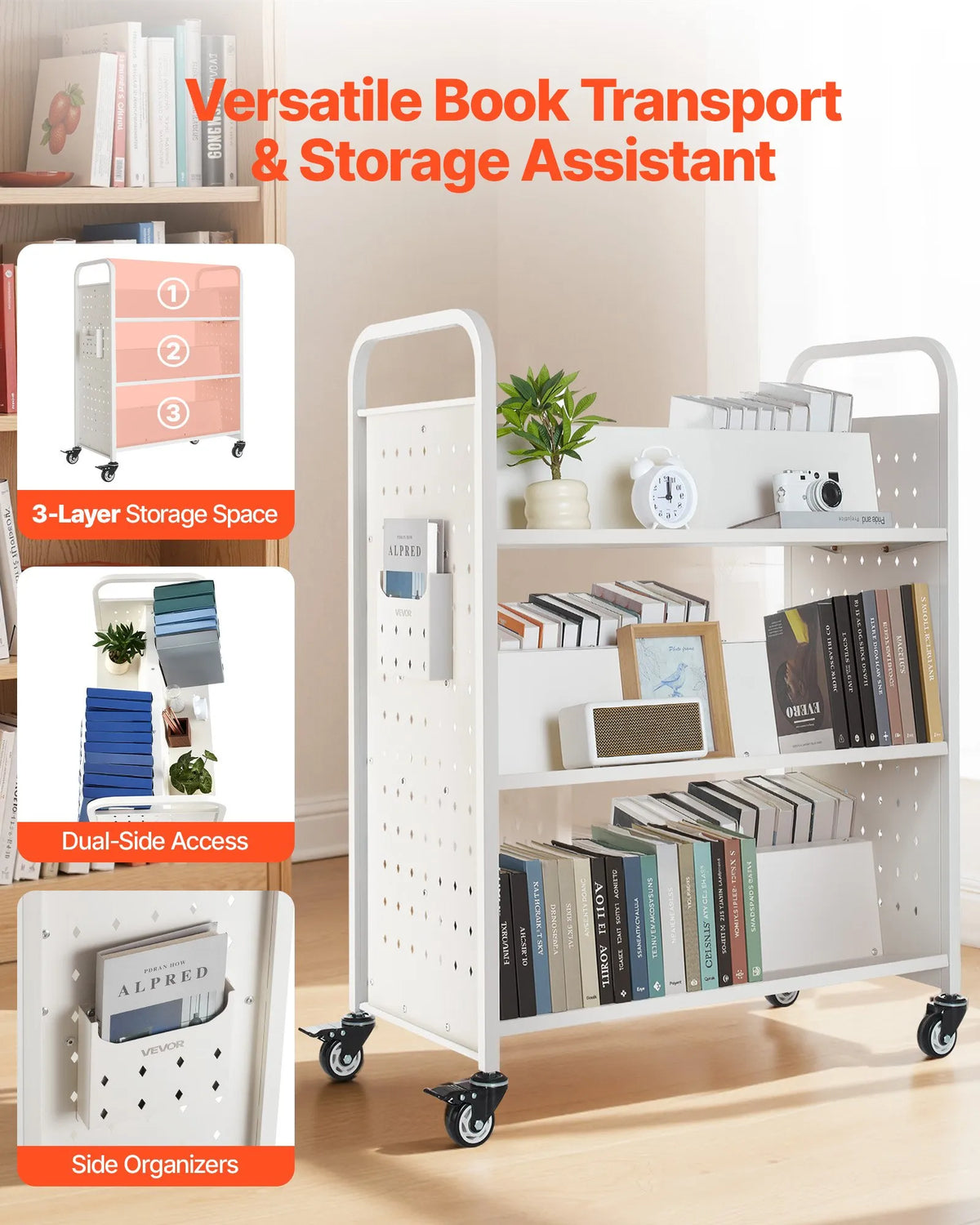 Mobile library book trolley, 150 kg load capacity, 97 × 51.5 × 122.5 cm, with double-sided W-shaped shelves and 76.2 mm locking wheels, book cart for home, office and school, white