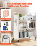Ripojošs bibliotēkas grāmatu ratiņš, 150 kg kravnesība, 97 × 51,5 × 122,5 cm, ar divpusējiem W veida plauktiem un 76,2 mm fiksējamiem riteņiem, grāmatu ratiņš mājai, birojam un skolai, balts