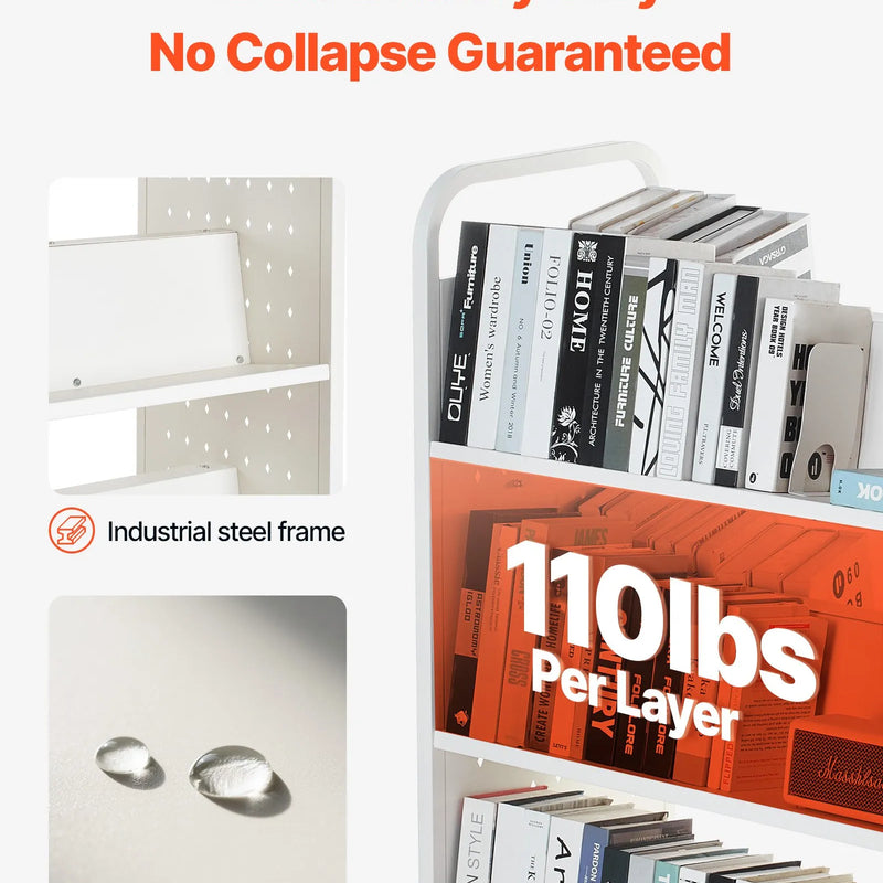 Ripojošs bibliotēkas grāmatu ratiņš, 150 kg kravnesība, 97 × 51,5 × 122,5 cm, ar divpusējiem W veida plauktiem un 76,2 mm fiksējamiem riteņiem, grāmatu ratiņš mājai, birojam un skolai, balts