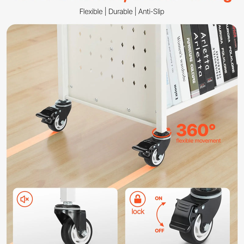 Ripojošs bibliotēkas grāmatu ratiņš, 150 kg kravnesība, 97 × 51,5 × 122,5 cm, ar divpusējiem W veida plauktiem un 76,2 mm fiksējamiem riteņiem, grāmatu ratiņš mājai, birojam un skolai, balts