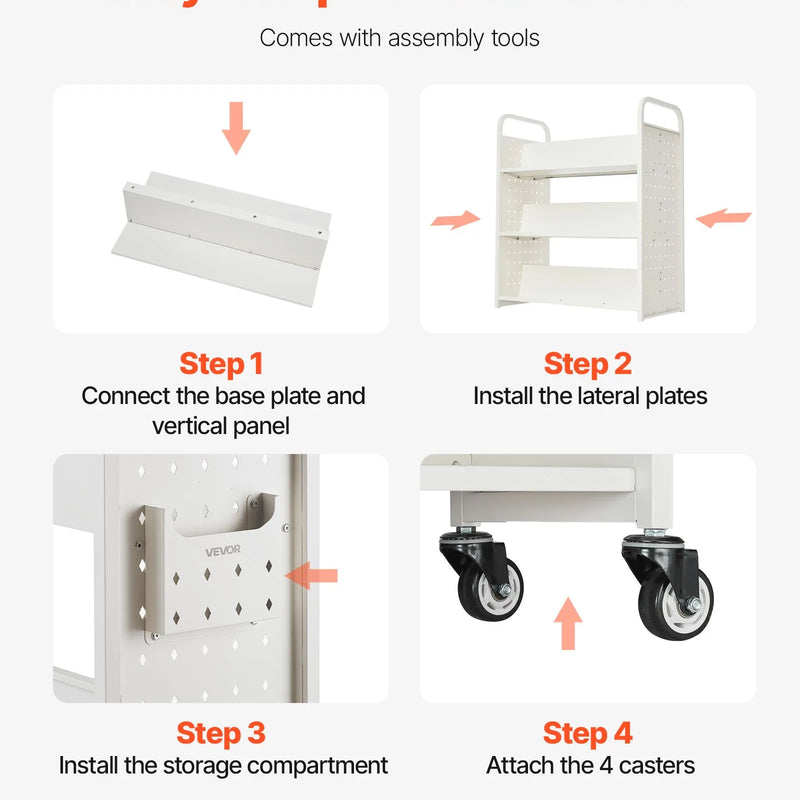 Ripojošs bibliotēkas grāmatu ratiņš, 150 kg kravnesība, 97 × 51,5 × 122,5 cm, ar divpusējiem W veida plauktiem un 76,2 mm fiksējamiem riteņiem, grāmatu ratiņš mājai, birojam un skolai, balts