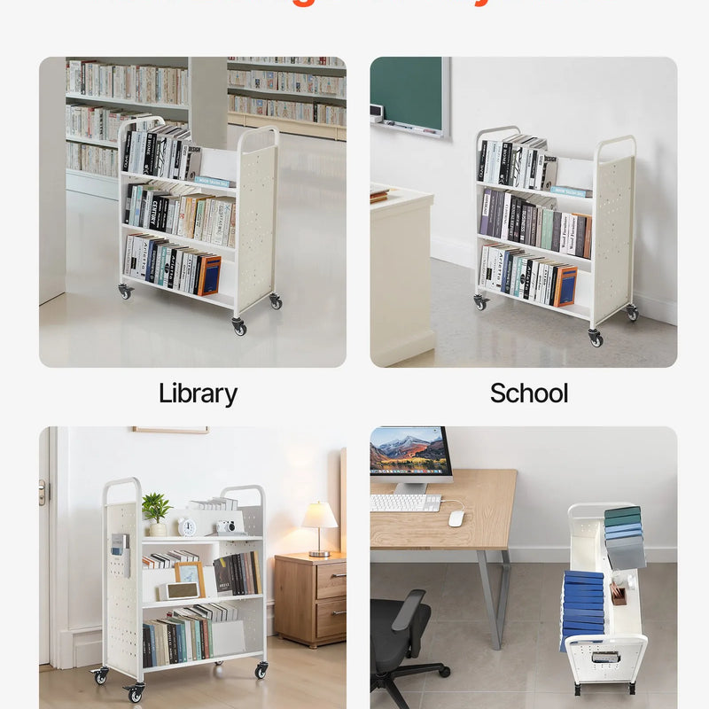 Ripojošs bibliotēkas grāmatu ratiņš, 150 kg kravnesība, 97 × 51,5 × 122,5 cm, ar divpusējiem W veida plauktiem un 76,2 mm fiksējamiem riteņiem, grāmatu ratiņš mājai, birojam un skolai, balts