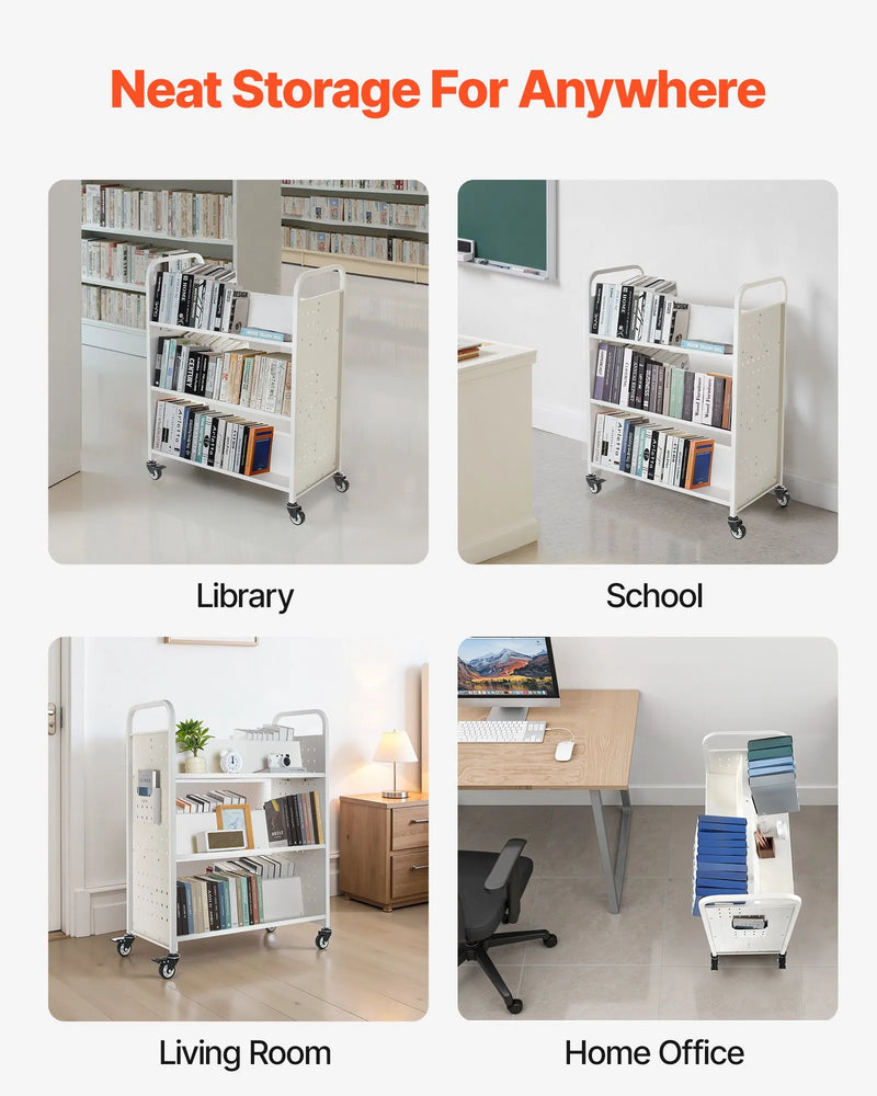 Ripojošs bibliotēkas grāmatu ratiņš, 150 kg kravnesība, 97 × 51,5 × 122,5 cm, ar divpusējiem W veida plauktiem un 76,2 mm fiksējamiem riteņiem, grāmatu ratiņš mājai, birojam un skolai, balts