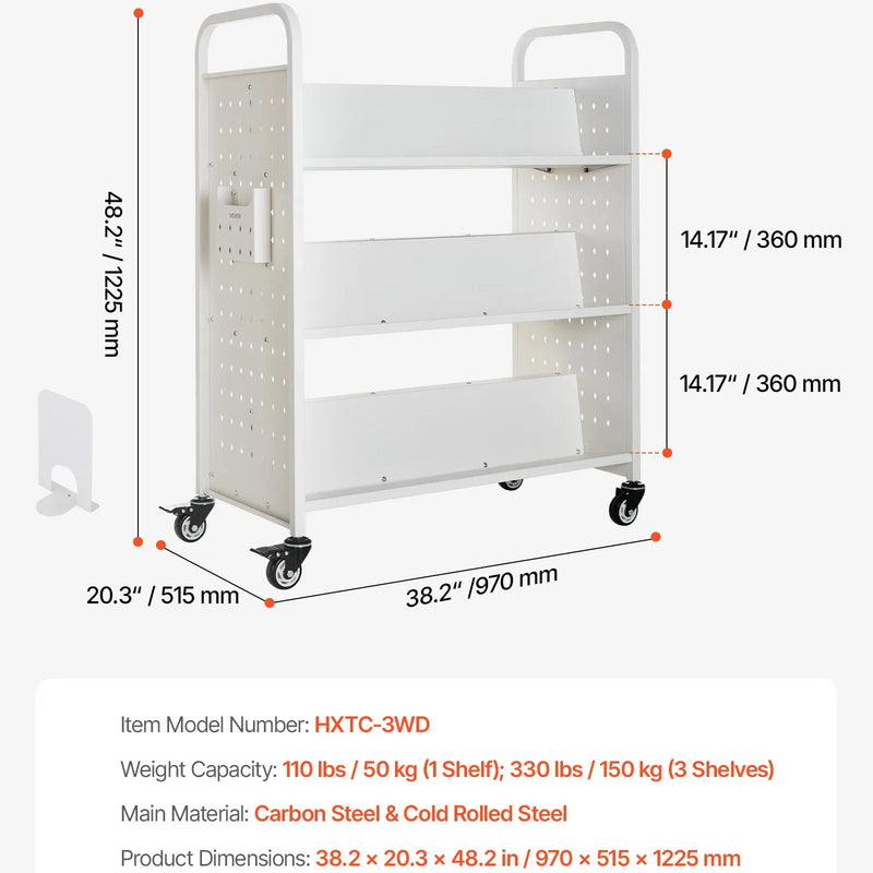 Ripojošs bibliotēkas grāmatu ratiņš, 150 kg kravnesība, 97 × 51,5 × 122,5 cm, ar divpusējiem W veida plauktiem un 76,2 mm fiksējamiem riteņiem, grāmatu ratiņš mājai, birojam un skolai, balts