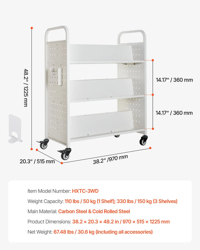 Ripojošs bibliotēkas grāmatu ratiņš, 150 kg kravnesība, 97 × 51,5 × 122,5 cm, ar divpusējiem W veida plauktiem un 76,2 mm fiksējamiem riteņiem, grāmatu ratiņš mājai, birojam un skolai, balts