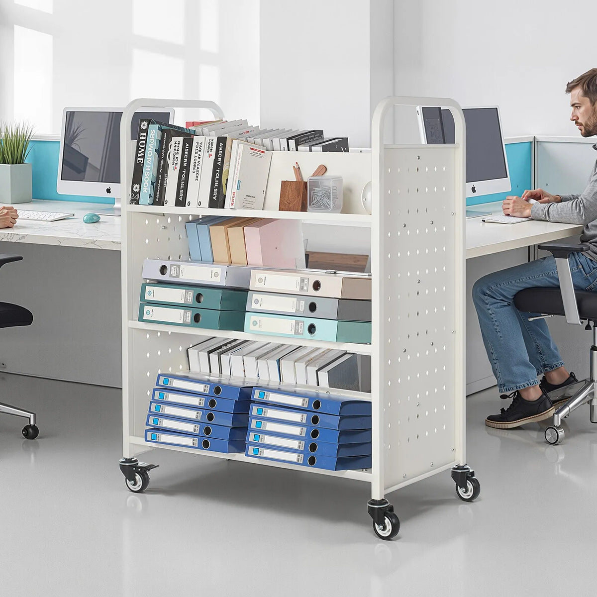 Mobile library book trolley, 150 kg load capacity, 97 × 51.5 × 122.5 cm, with double-sided W-shaped shelves and 76.2 mm locking wheels, book cart for home, office and school, white