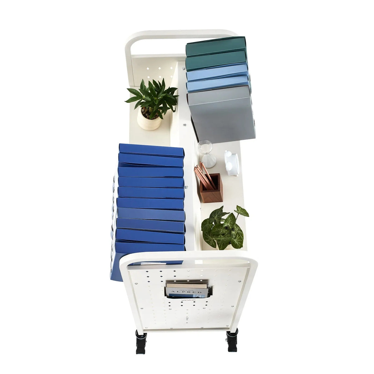 Mobile library book trolley, 150 kg load capacity, 97 × 51.5 × 122.5 cm, with double-sided W-shaped shelves and 76.2 mm locking wheels, book cart for home, office and school, white