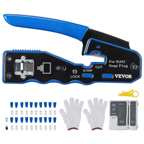 RJ45 presformas komplekts, Cat5e/Cat6/Cat6a, 8 kontaktu spraudņiem, ar 20 caurejošiem savienotājiem un aizsargiem, vadu noņēmēju un tīkla testeri