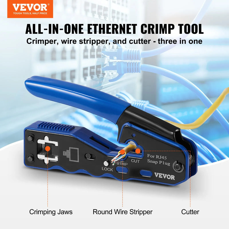 RJ45 presformas komplekts, Cat5e/Cat6/Cat6a, 8 kontaktu spraudņiem, ar 20 caurejošiem savienotājiem un aizsargiem, vadu noņēmēju un tīkla testeri