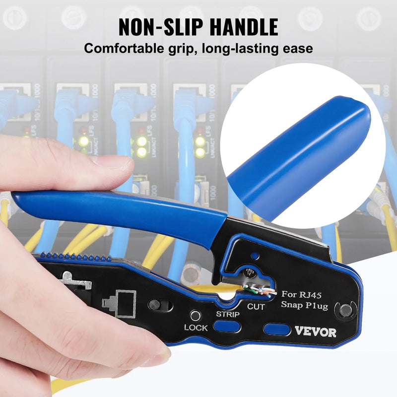 RJ45 presformas komplekts, Cat5e/Cat6/Cat6a, 8 kontaktu spraudņiem, ar 20 caurejošiem savienotājiem un aizsargiem, vadu noņēmēju un tīkla testeri