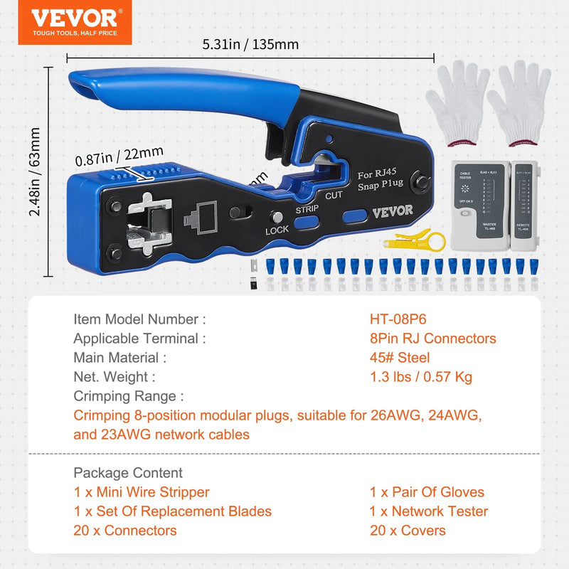 RJ45 presformas komplekts, Cat5e/Cat6/Cat6a, 8 kontaktu spraudņiem, ar 20 caurejošiem savienotājiem un aizsargiem, vadu noņēmēju un tīkla testeri