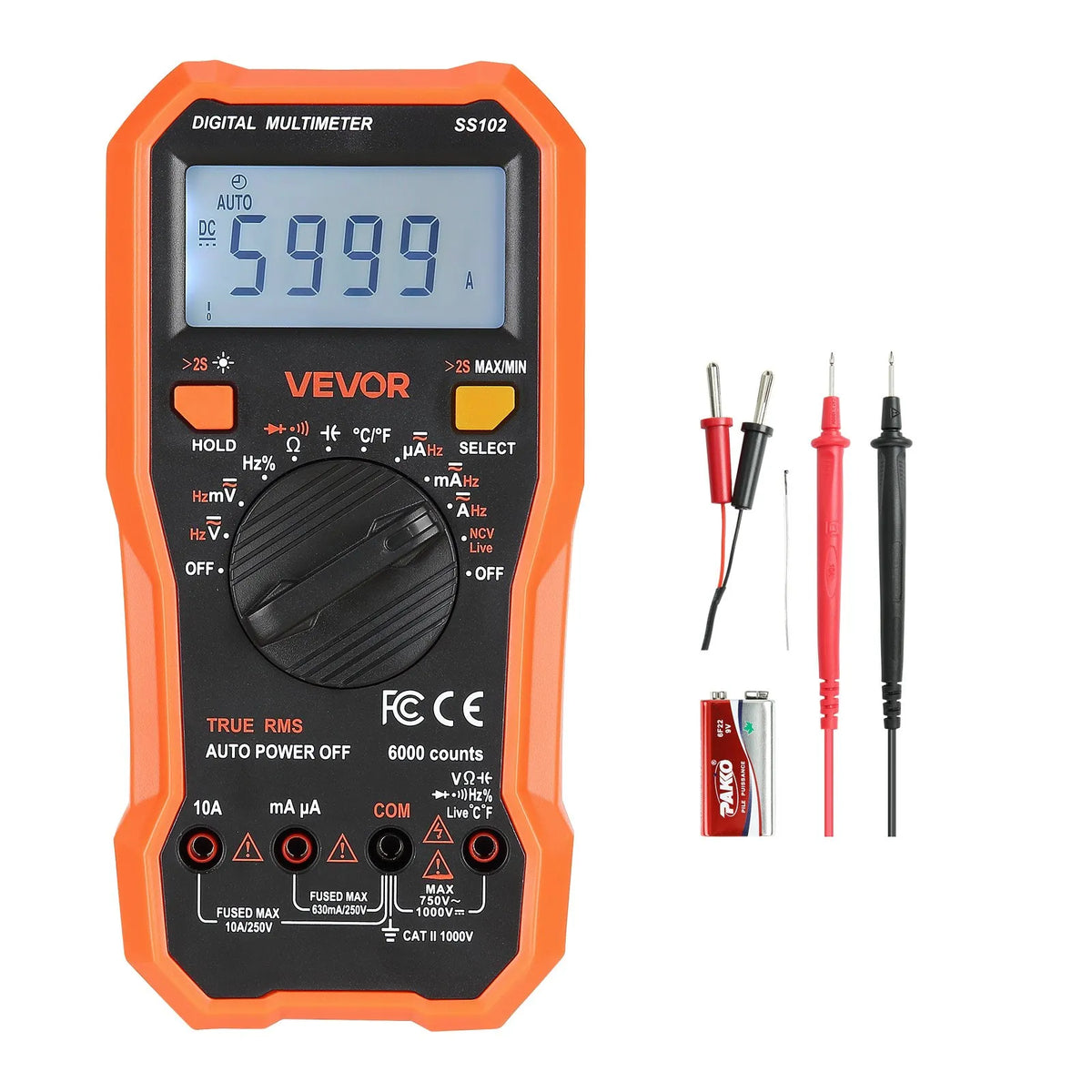 VEVOR Digital Multimeter, 6000 Count TRMS AC/DC Voltmeter/Ammeter, Professional NCV Multimeter for Voltage, Current, Resistance, Capacitance, Duty Cycle, Temperature, Diode, Continuity and Phase Tester