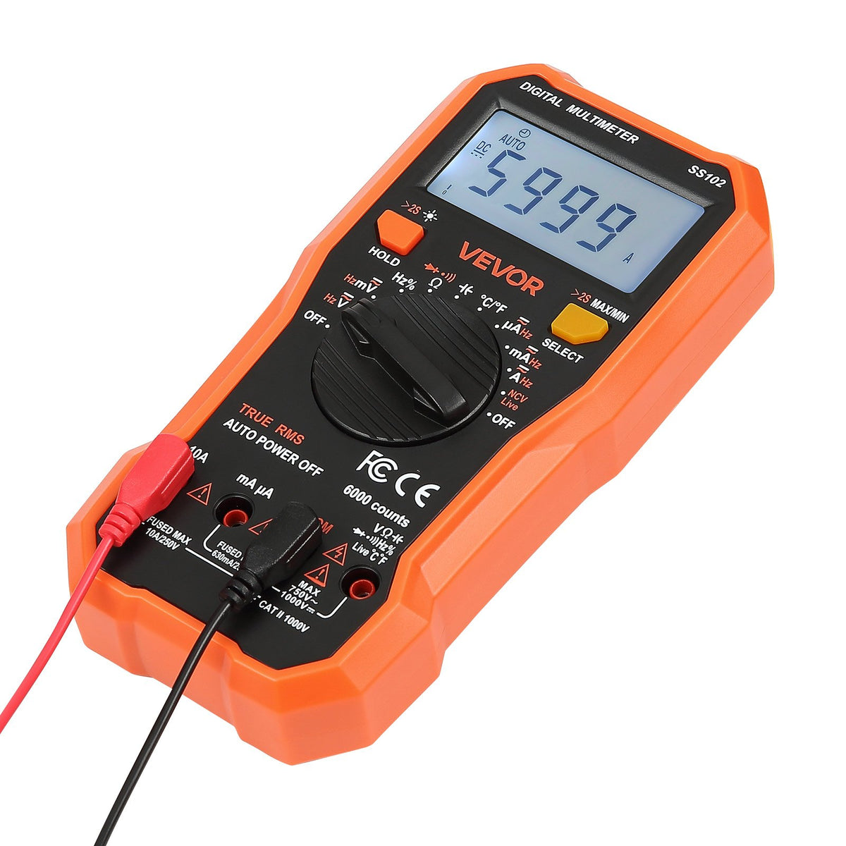 VEVOR Digital Multimeter, 6000 Count TRMS AC/DC Voltmeter/Ammeter, Professional NCV Multimeter for Voltage, Current, Resistance, Capacitance, Duty Cycle, Temperature, Diode, Continuity and Phase Tester
