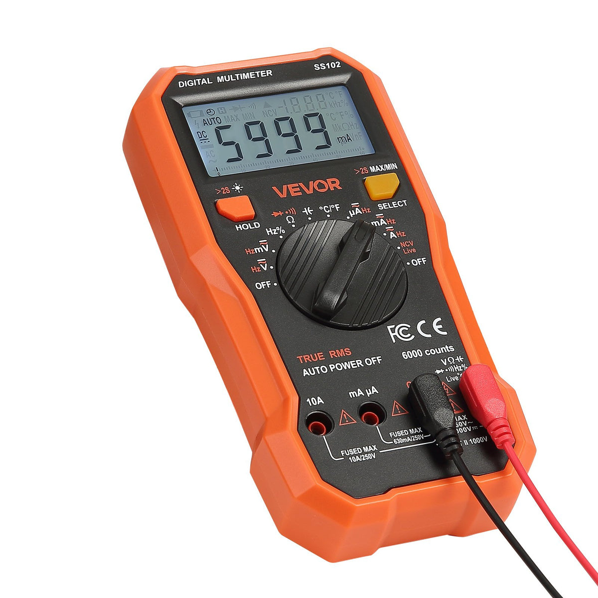 VEVOR Digital Multimeter, 6000 Count TRMS AC/DC Voltmeter/Ammeter, Professional NCV Multimeter for Voltage, Current, Resistance, Capacitance, Duty Cycle, Temperature, Diode, Continuity and Phase Tester