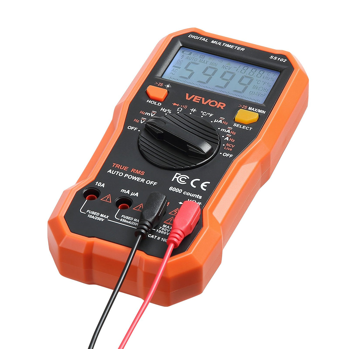 VEVOR Digital Multimeter, 6000 Count TRMS AC/DC Voltmeter/Ammeter, Professional NCV Multimeter for Voltage, Current, Resistance, Capacitance, Duty Cycle, Temperature, Diode, Continuity and Phase Tester