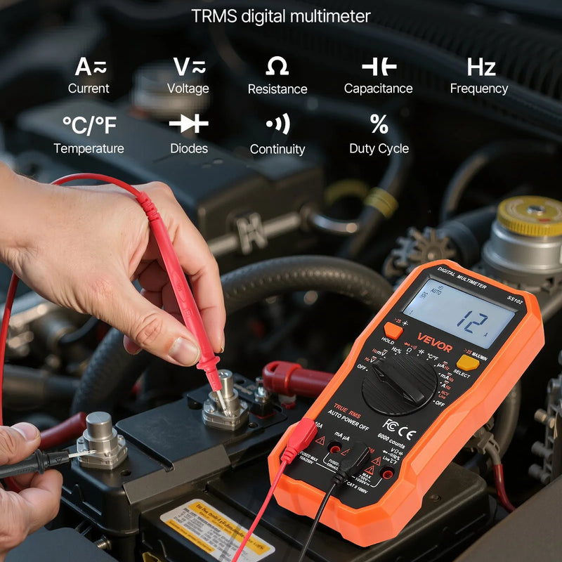 VEVOR digitālais multimetrs, 6000 vienību TRMS maiņstrāvas un līdzstrāvas voltmetrs/ampērmetrs, profesionāls NCV multimetrs sprieguma, strāvas, pretestības, kapacitātes, darba cikla, temperatūras, diodes, nepārtrauktības un fāzes vadītāja pārbaudei